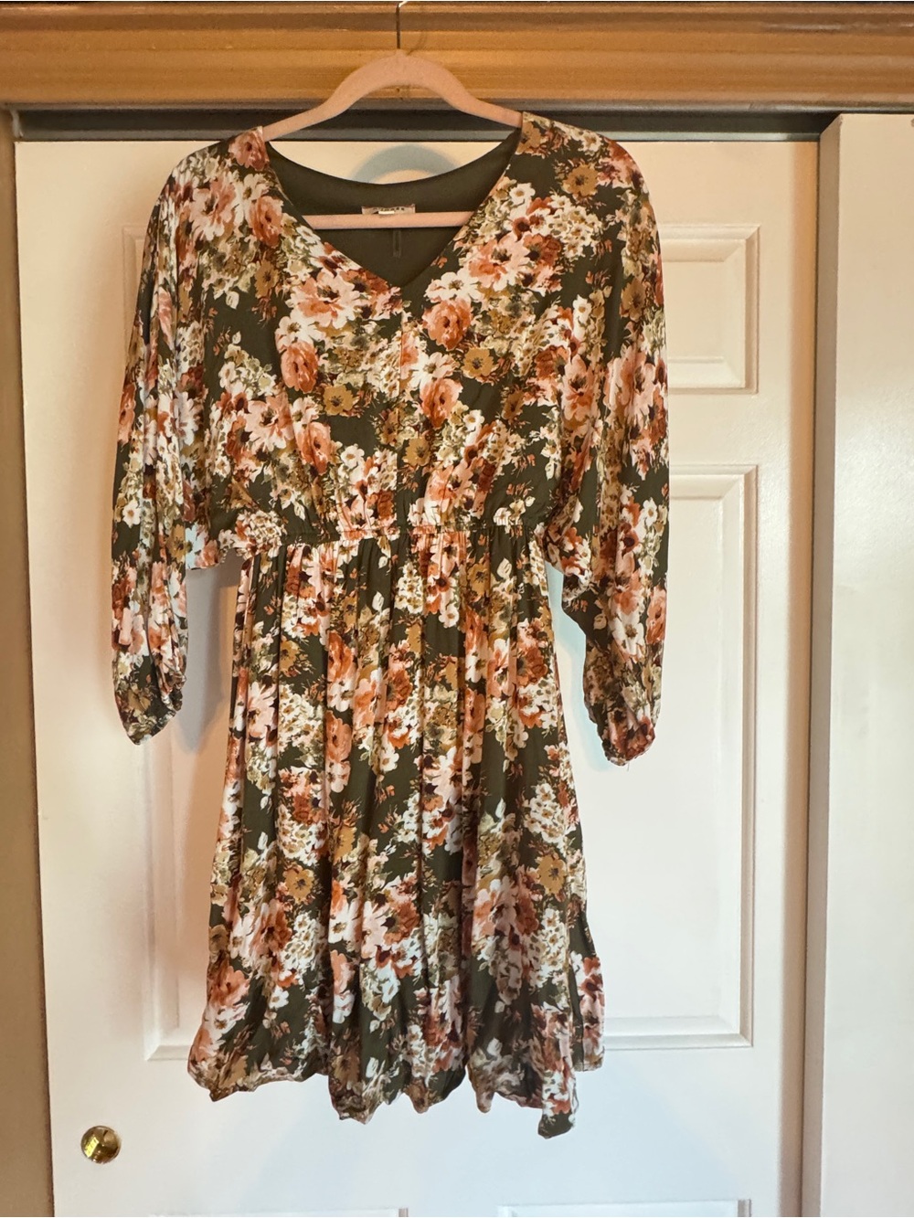 Olive Green Floral Long Sleeve V-Neck Dress. Would look great with cowgirl boots